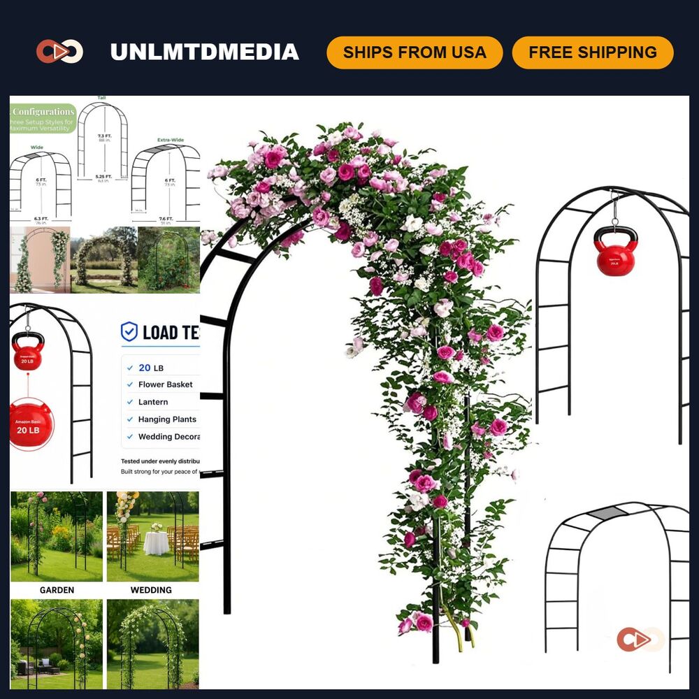 7.3FT Black Metal Garden Arch Trellis for Climbing Plants, Wedding Arbor, Outdoo